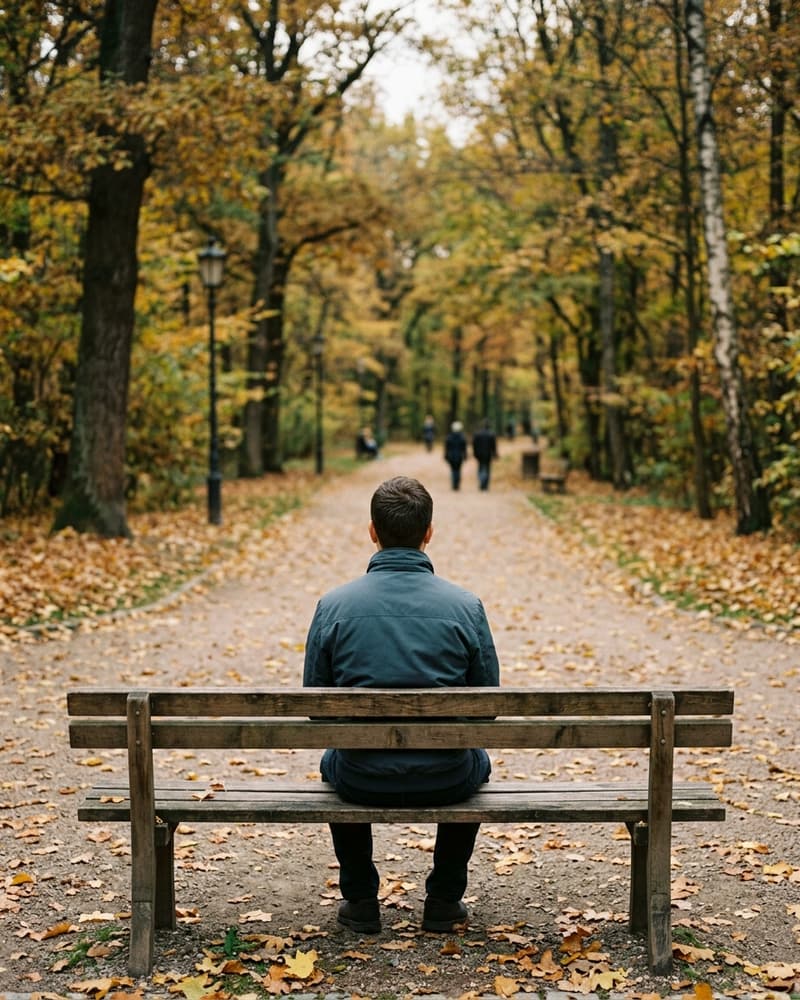 Мужчина со спины сидит на скамейке в осеннем парке, куртка застёгнута, смотрит вперёд на аллею